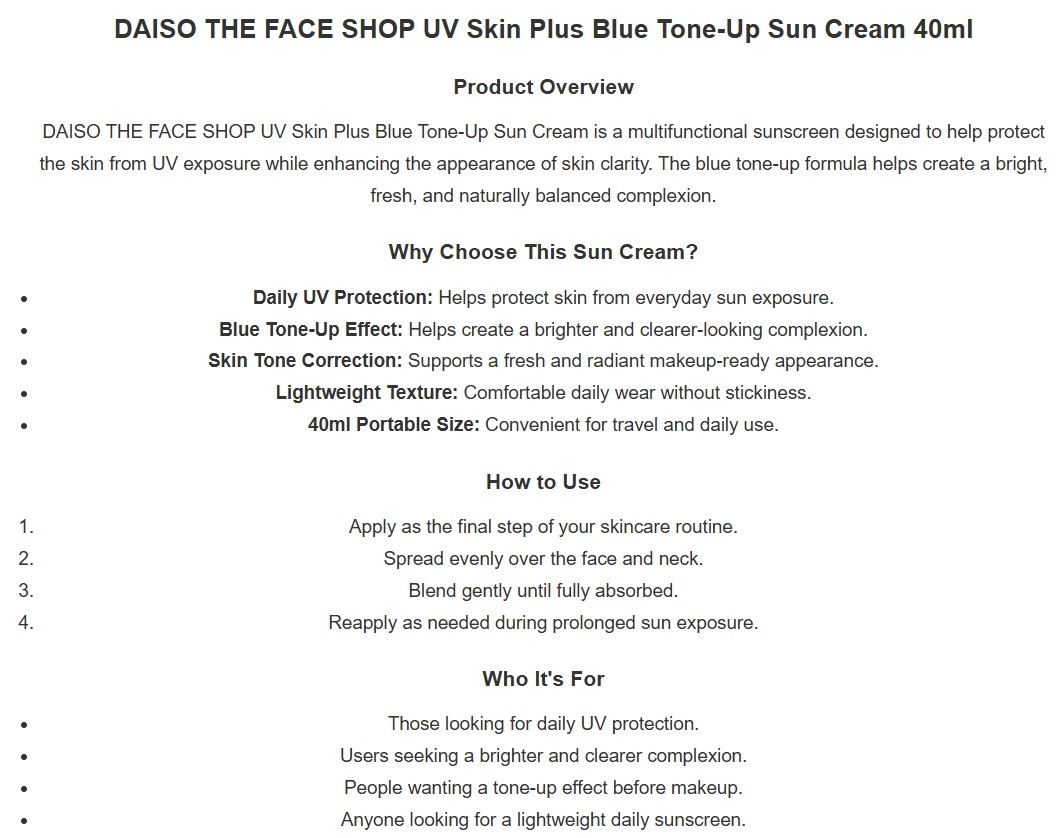 THE FACE SHOP UV Skin+ Blue Tone-Up Sun Cream 40ml Daily Sunscreen KOREA MADE