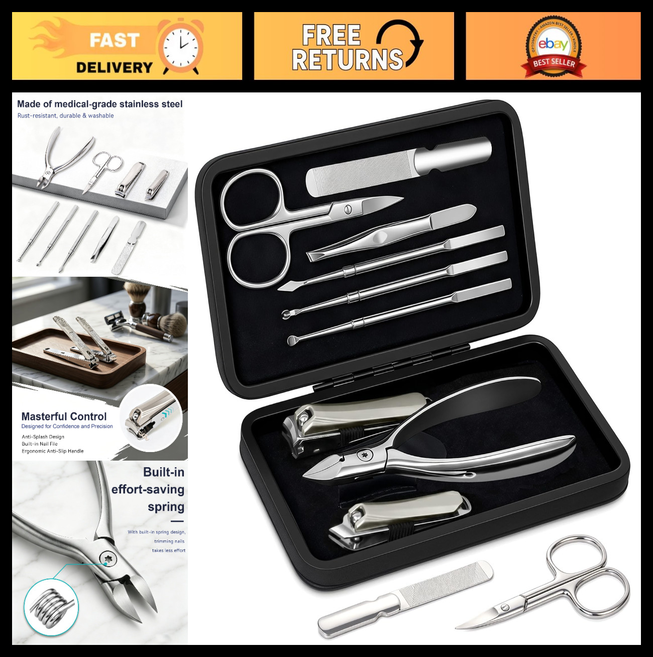 9-in-1 Manicure Pedicure Set, Stainless Steel Nail Clipper Grooming Tools, Trave