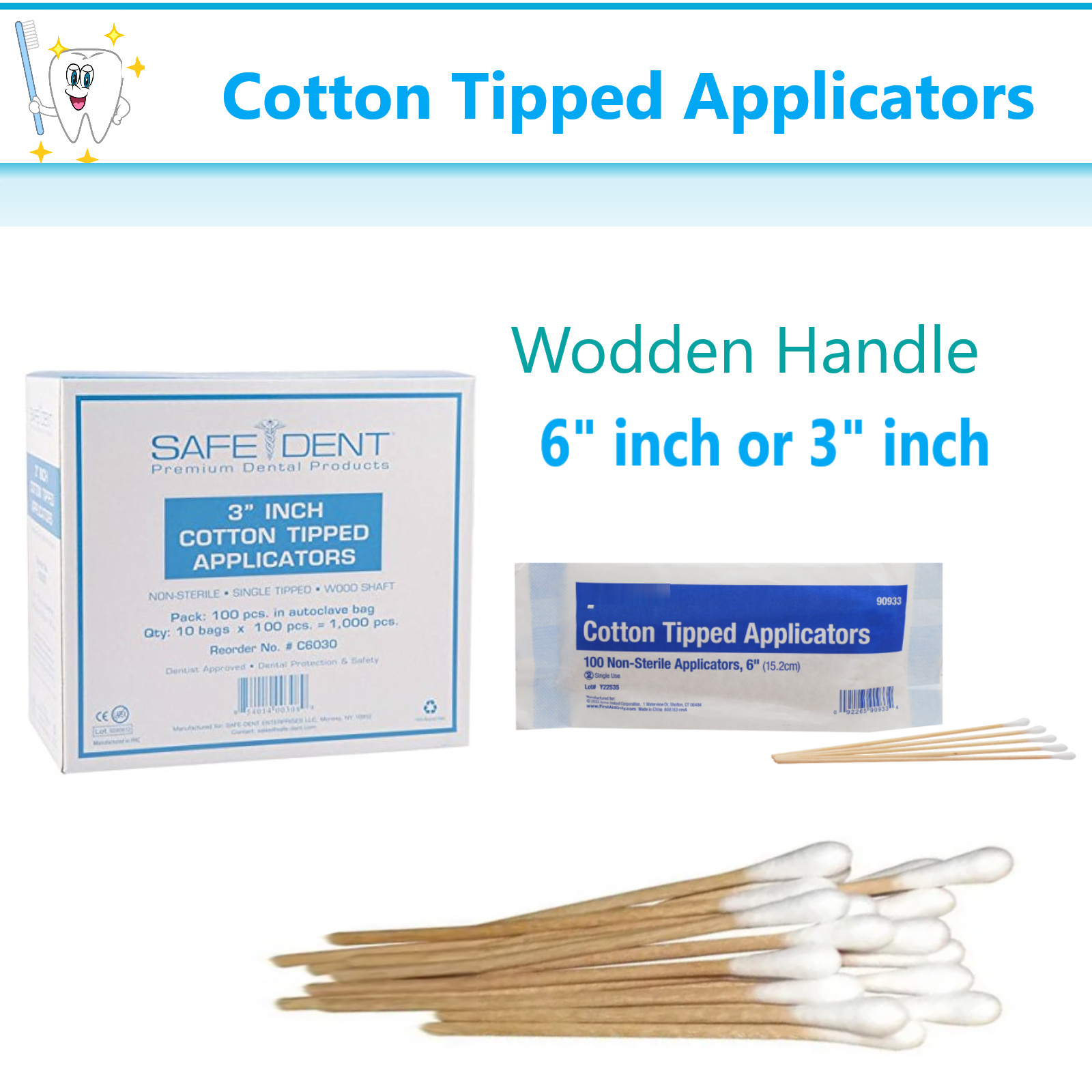 SafeDent Medical Wodden Cotton Tipped Applicators 3″ or 6″, Non – Sterile Swabs