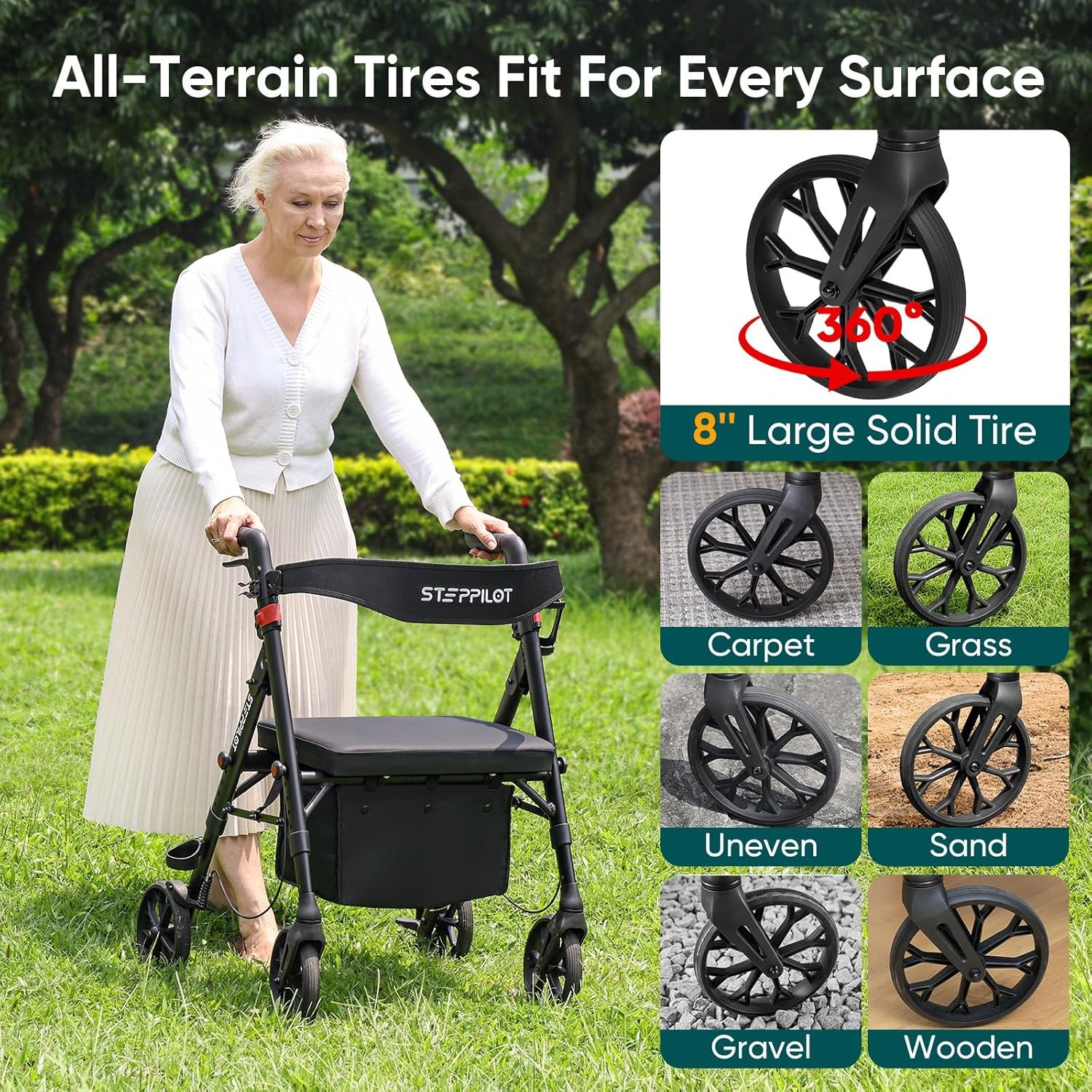 Foldable Rollator Walker with Seat for Seniors Adults Rolling Walker Max 500 lbs
