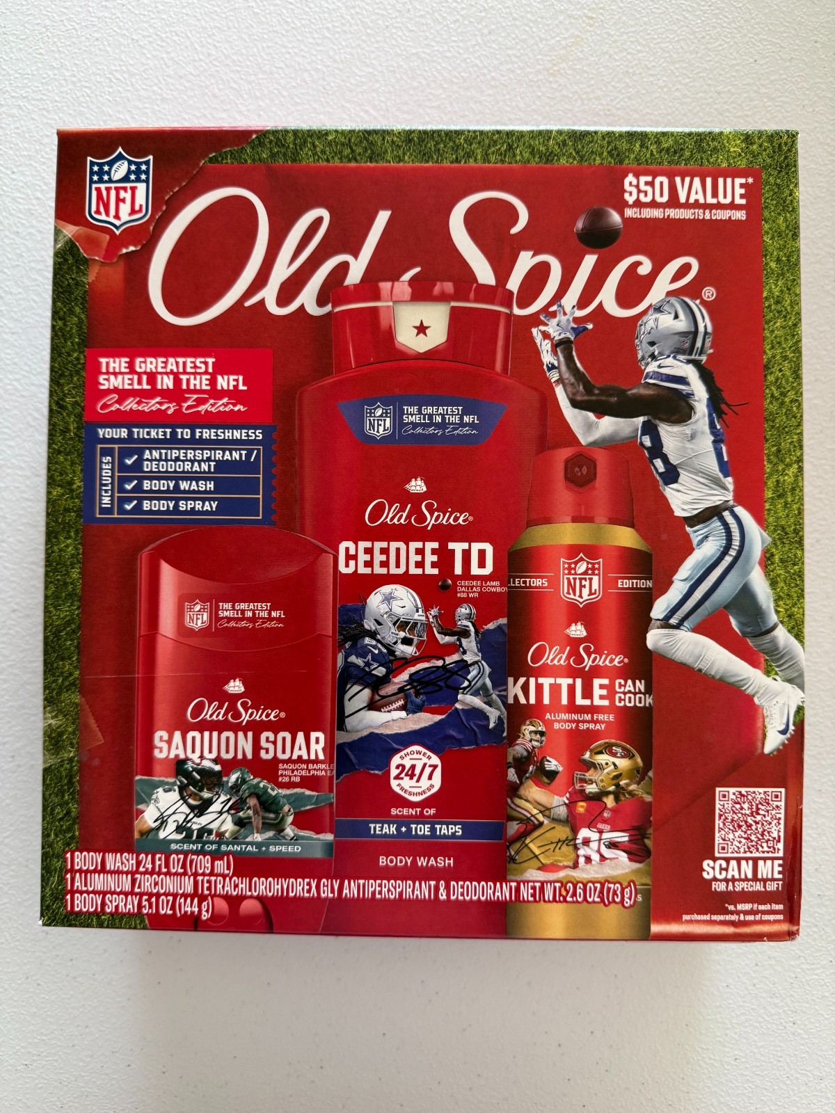 Old Spice NFL Collectors Edition Gift Set Lamb Barkley Kittle Deodorant Wash
