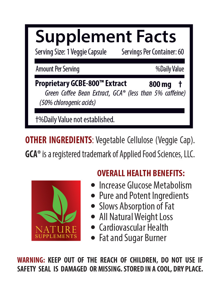 Green Coffee Bean Extract GCA 800mg 50% Chlorogenic Acid (2 Bottles)
