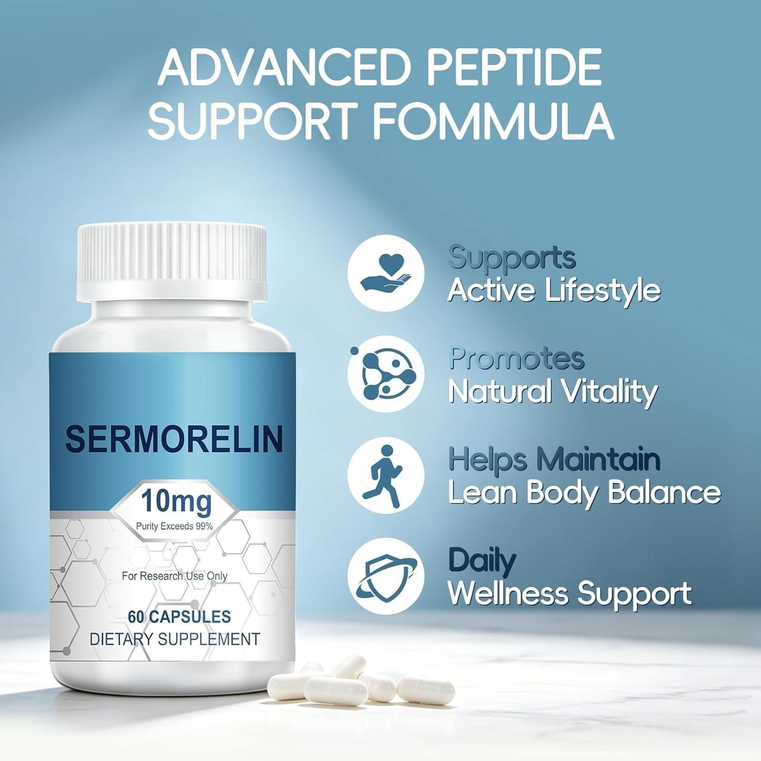 Sermorelin Research Peptide, 10MG Research Grade Capsules, 99% Purity-60 Cap US