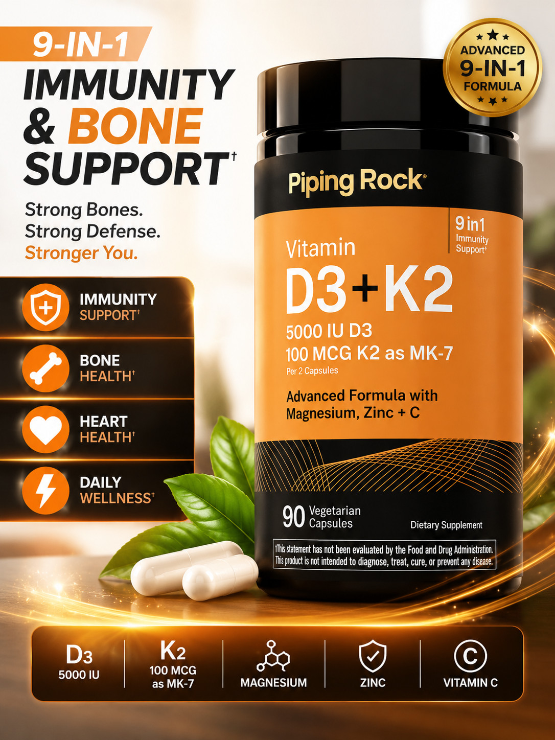 Vitamin D3 K2 5000 IU 90 Capsules MK7 Magnesium Zinc Vitamin C Non GMO Vegetaria