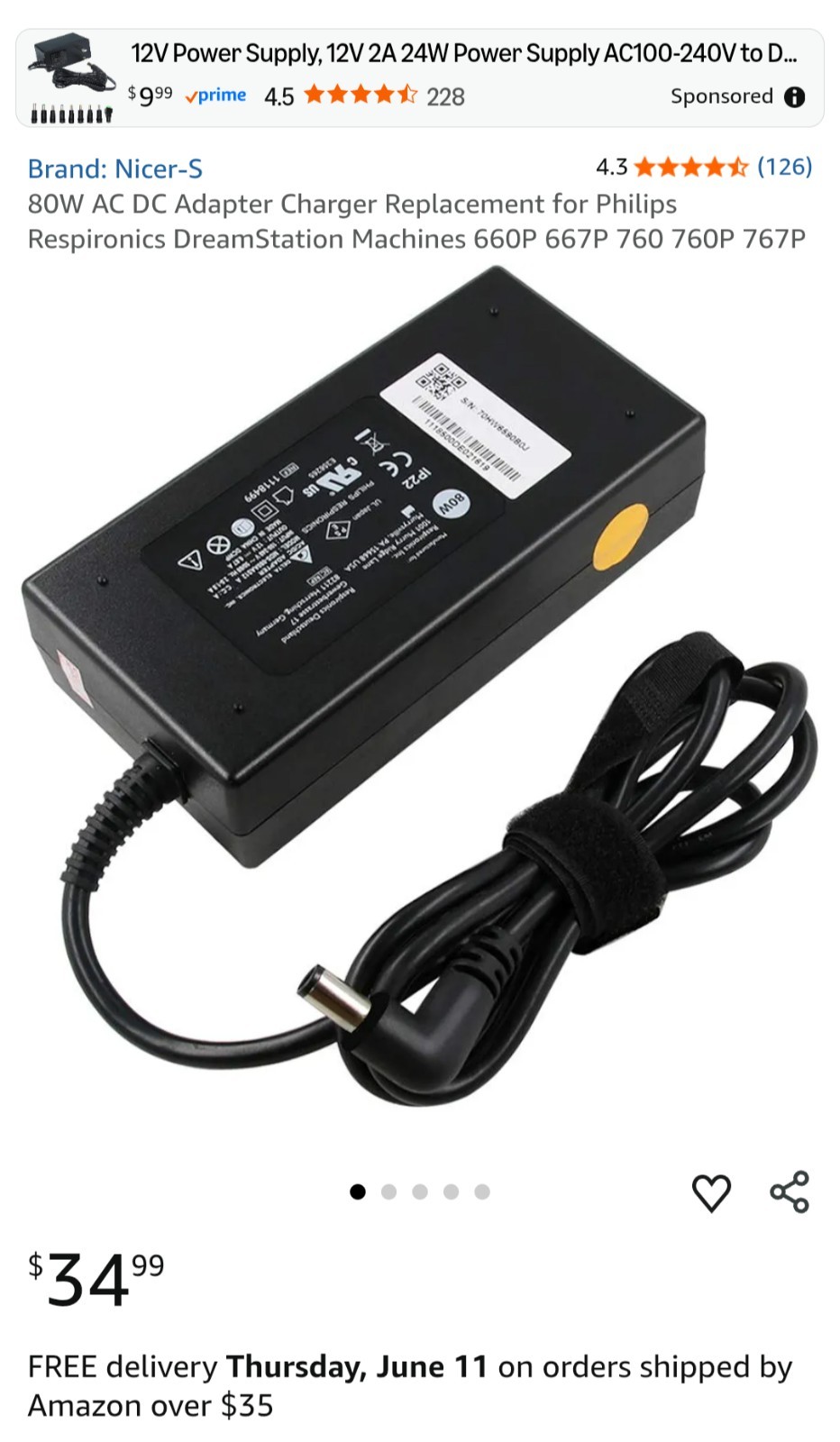Philips Respironics 80W AC Power Supply Adapter 12V 6.67A CPAP MDS-080AAS12 A