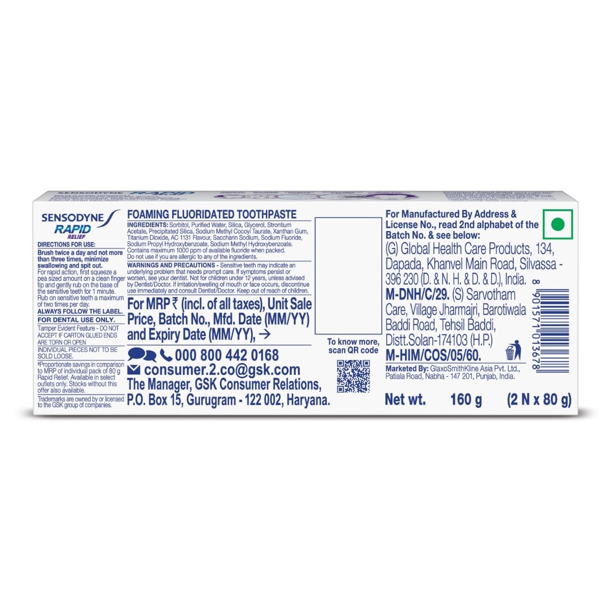 Sensodyne Toothpaste Rapid Relief Fast Sensitivity Relief Pack 160gm (80gm x 2)