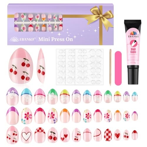 Press On Nails for Girls, 3 Style Press On Nails for Kids Almond Fake Nail