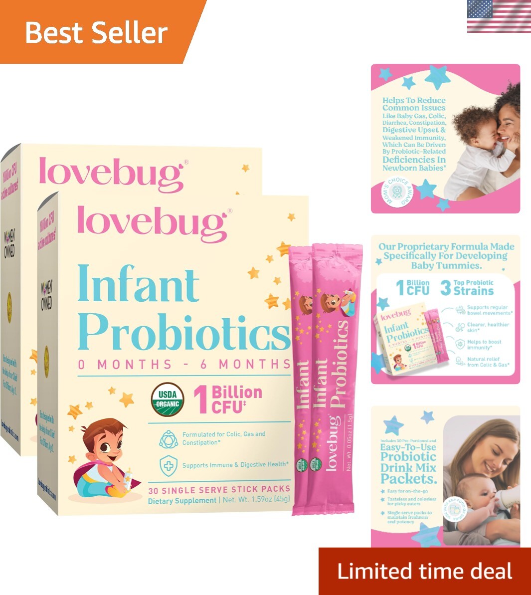 Digestive Health Probiotics for Babies – 60 Sugar-Free & Tasteless Stick Packs