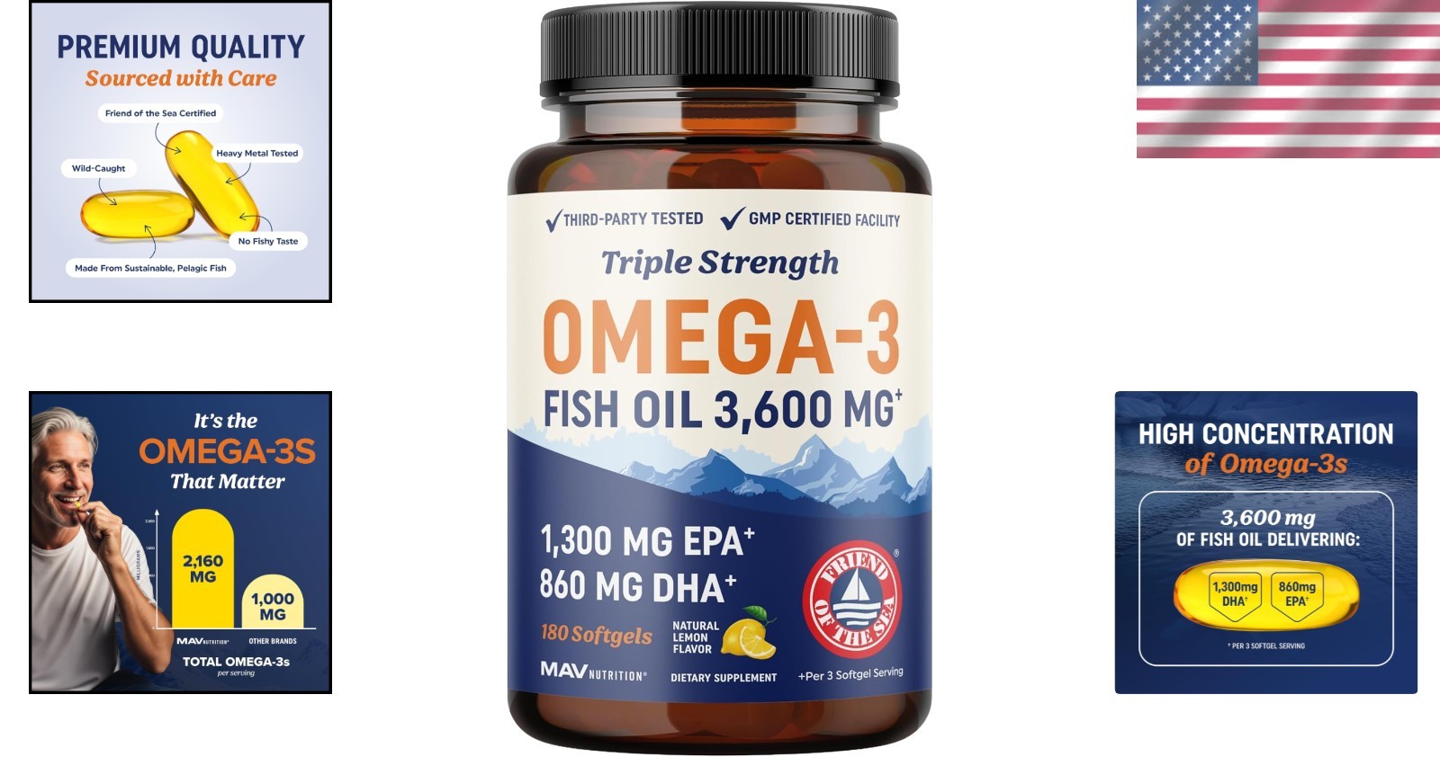 NO Fishy Taste! Triple Strength Omega 3 Fish Oil 3600mg | -Friendly Softgel