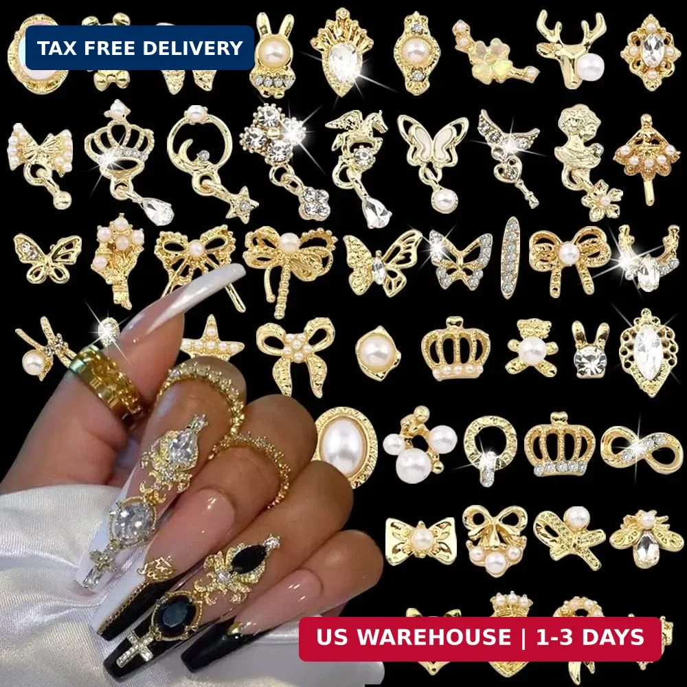 50pcs Random Gold Nail Charms Luxury Nail Rhinestones Nail Gems 3D Alloy Flower