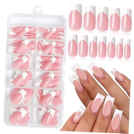 168pcs French Tip Press on Nails Long Square Fake Nails Nude Pink Color-A