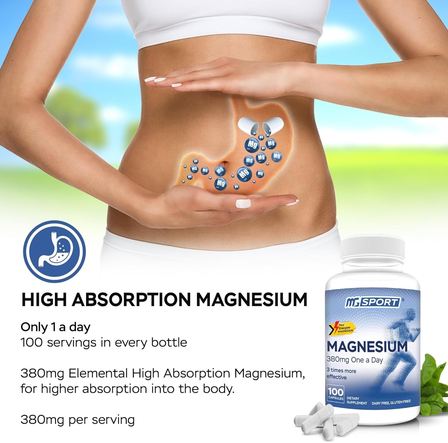 Gentle On-Stomach Magnesium 380mg – Supports Sleep & Reduces Cramps – 100 Count