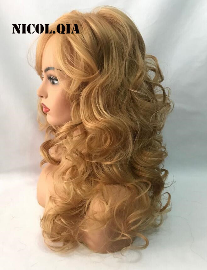Fashion Girls Mix Gold Blonde Curly Hair Big Wavy Human Hair Blend Heat Ok Wigs