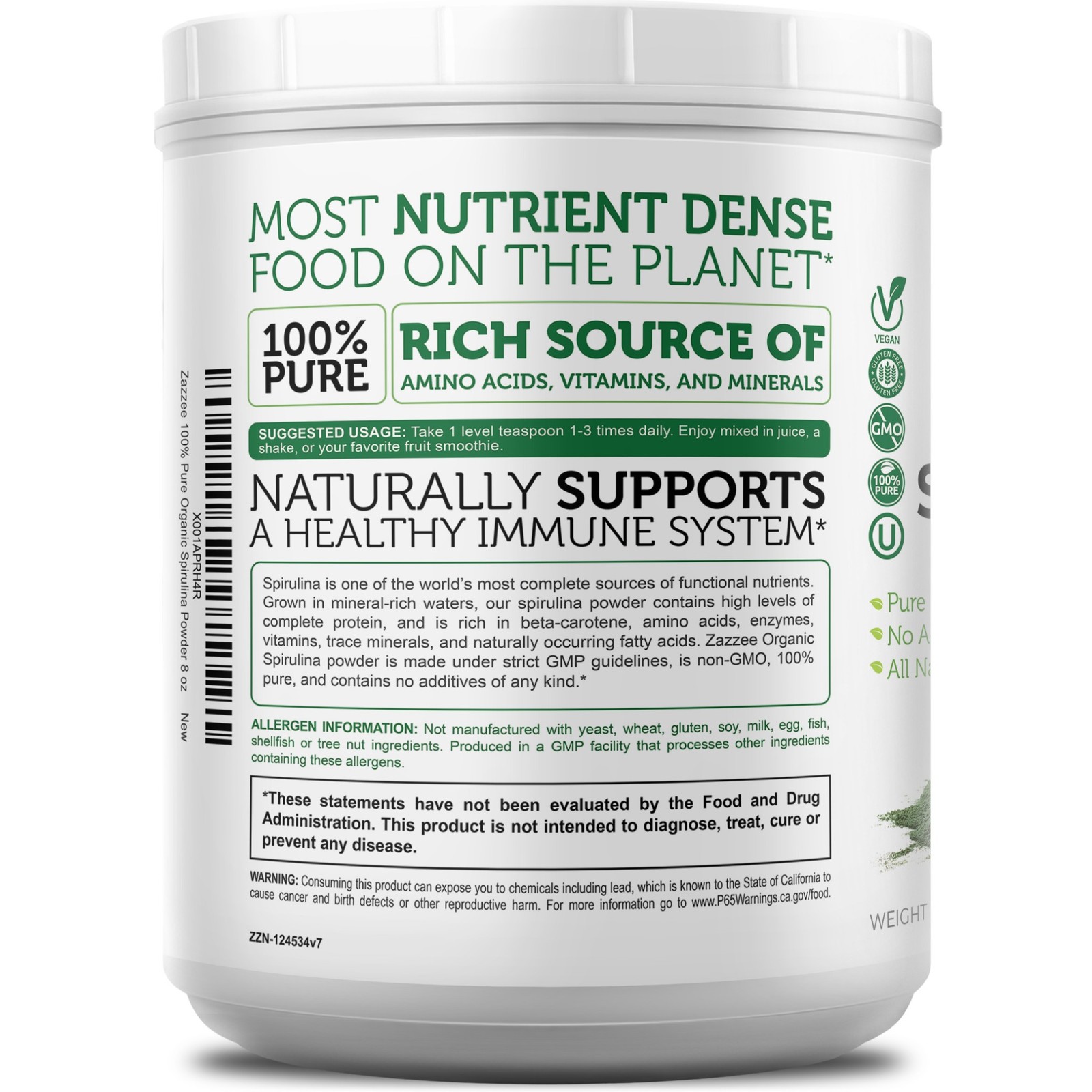 Zazzeze USDA Organic Spirulina Powder, 8 Ounces, 68 Servings, 100% Pure, Kosher