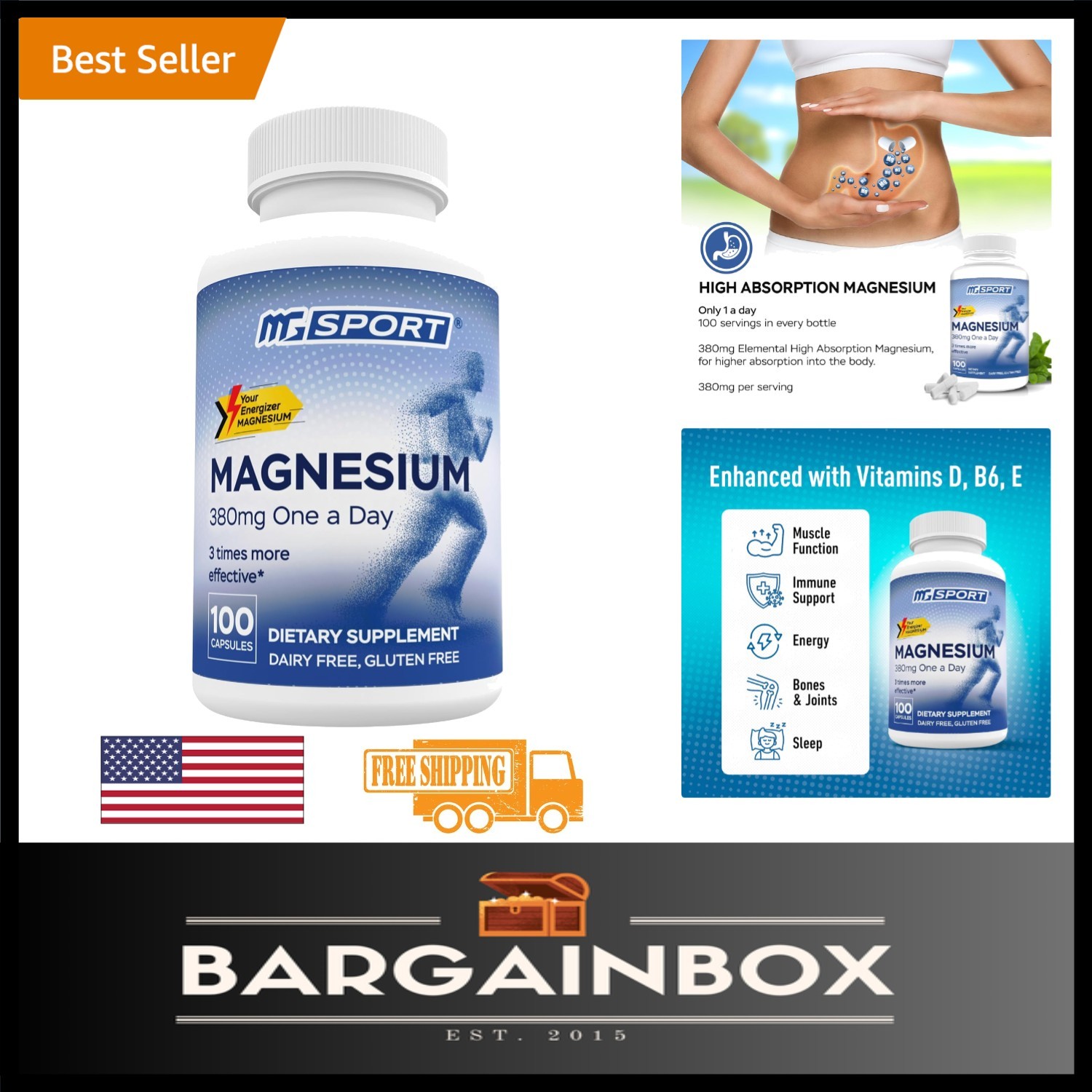 Gentle On-Stomach Magnesium 380mg – Supports Sleep & Reduces Cramps – 100 Count