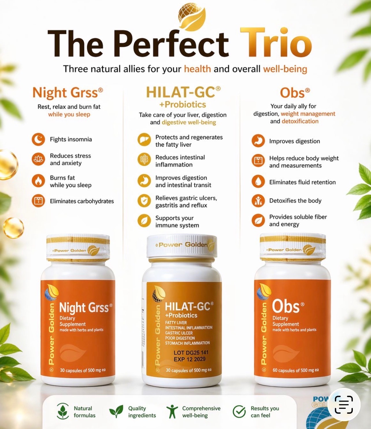 Power Golden 3 bottles [Night Grss, OBS, Hilat]*Weight loss*100% Natural*