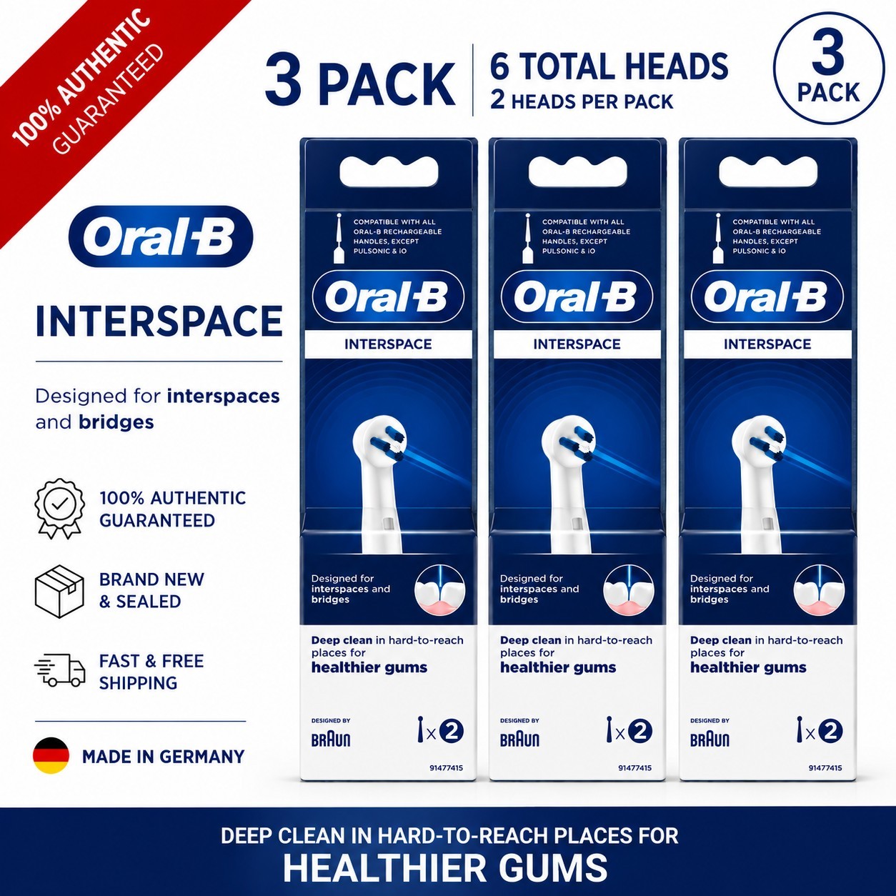 Oral-B Interproximal Interspace Brush Heads 3 Packs (6 Total) Replacement Heads