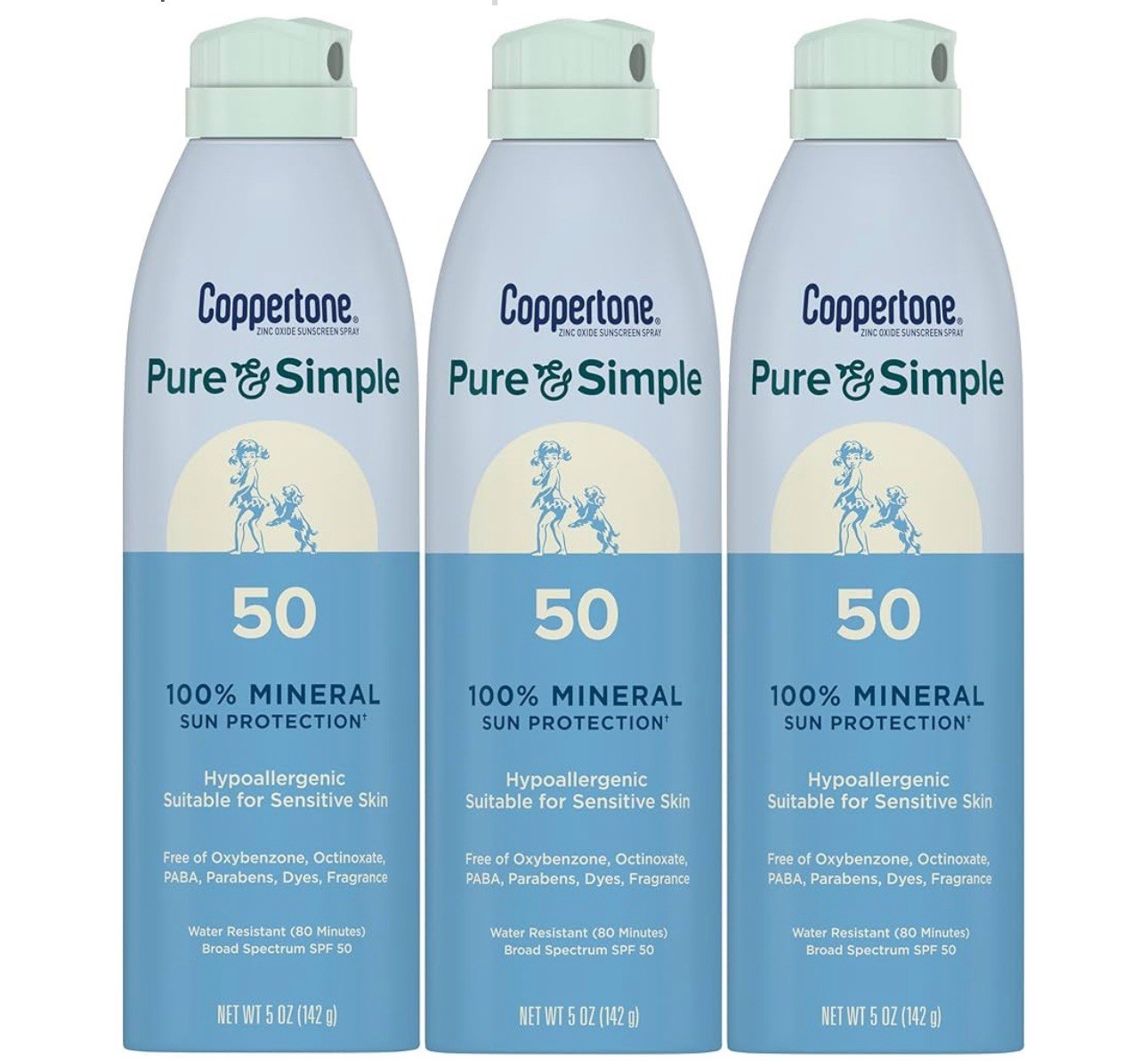 3x COPPERTONE PURE AND SIMPLE Mineral SUNSCREEN SPRAY SPF 50 5oz SUN PROTECTION