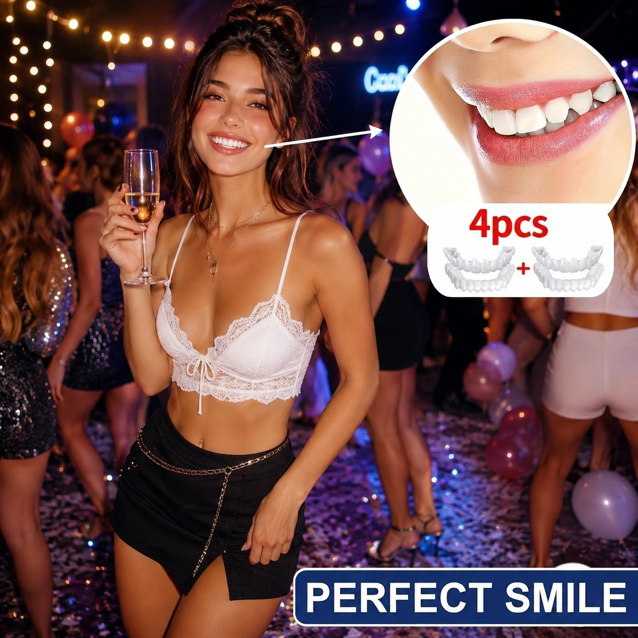 4PCS Snap On Veneers False Teeth Upper Lower Dentures Fake Tooth Smile Set.