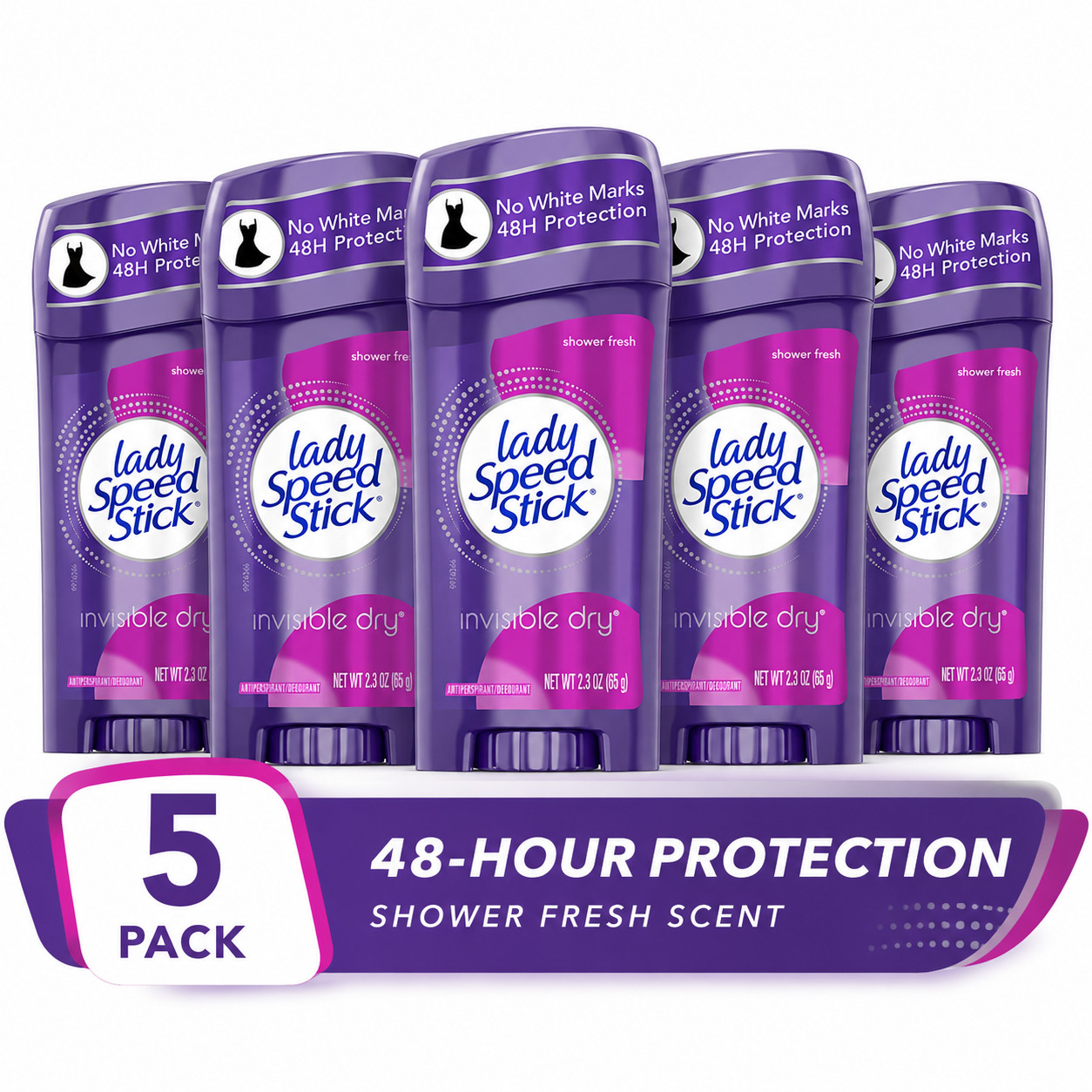 5 Pack – Lady Speed Stick Invisible Dry, Shower Antiperspirant Deodorant, 2.3oz