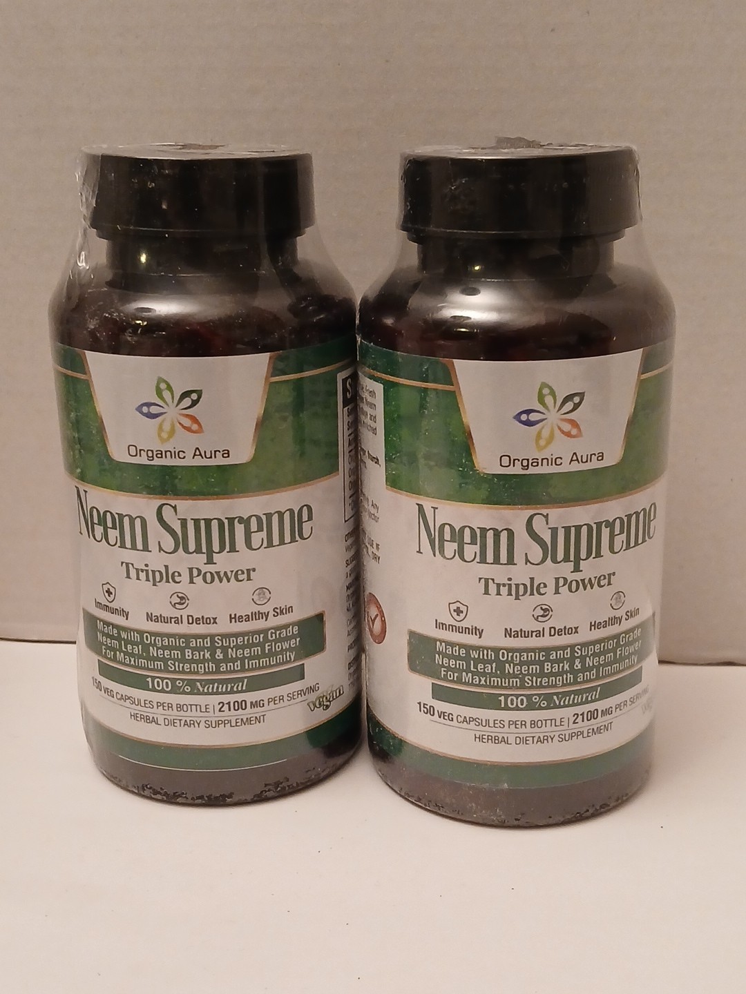TWO Organic Aura Neem Supreme 150 Veg Capsules Each 300 Total EXP: 08/27