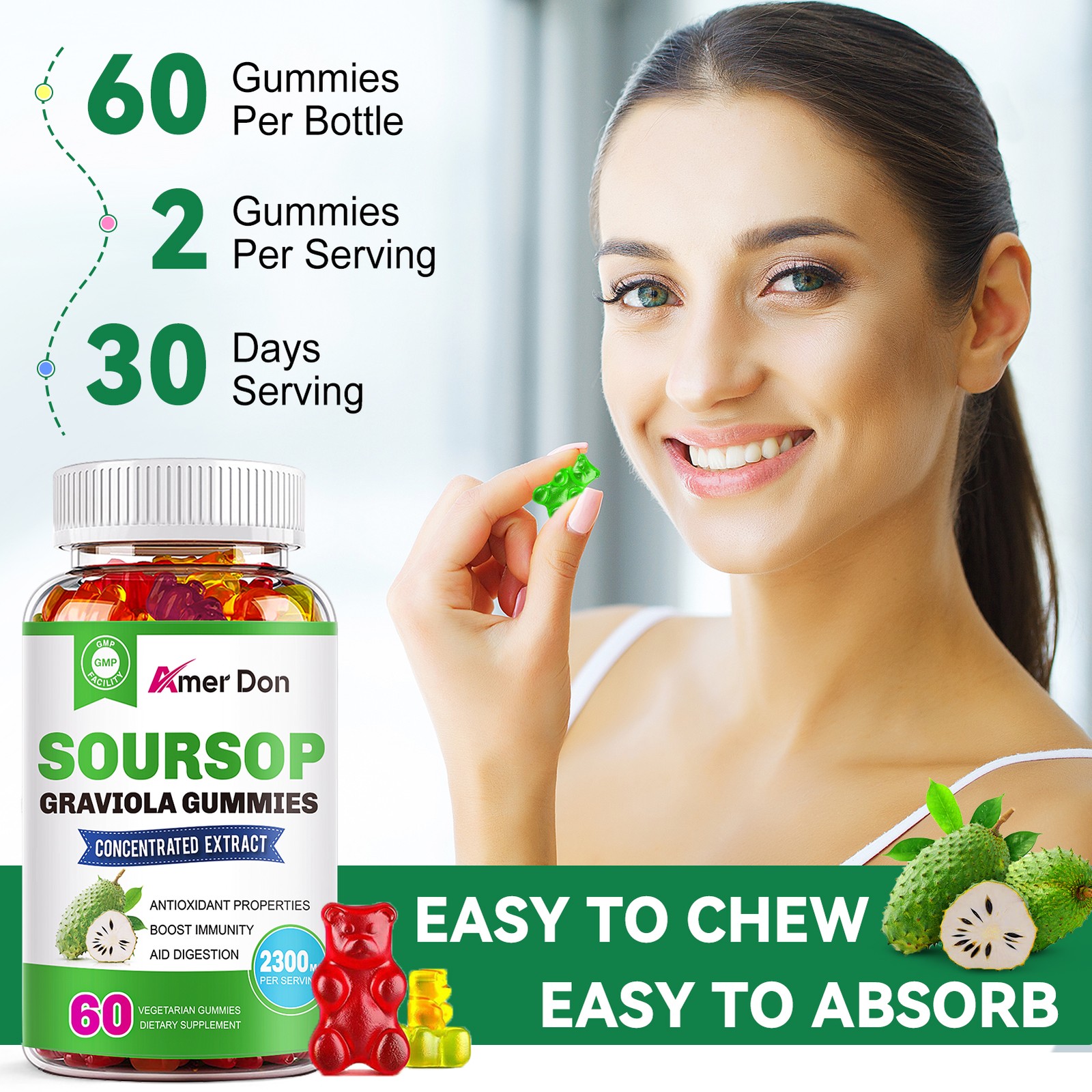 Graviola Capsules 2300mg Pure Natural Soursop Capsules Leaves fruit 60 Gummies