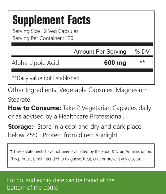 VitaCosmoX Alpha Lipoic Acid (ALA) 600mg Per Serv 240 Vegetable Caps Antioxidant