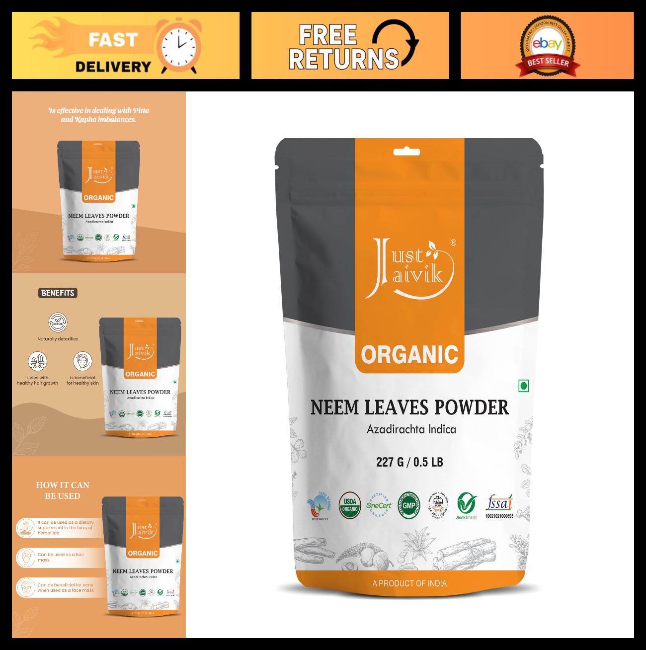 100% Organic Neem Leaves Powder – USDA Certified, 227g – Hair & Skin Benefits