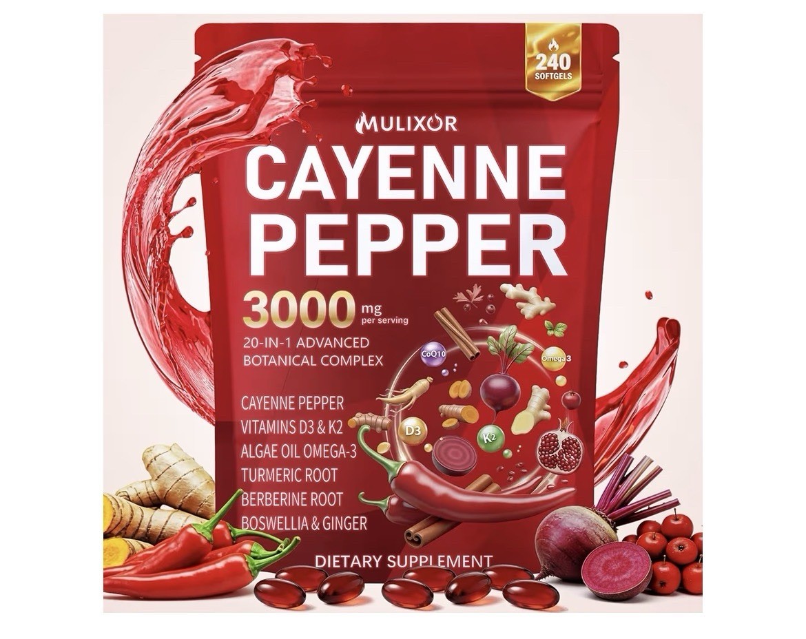 Cayenne Pepper 3000mg Softgels 20-in-1 Capsaicin D3 K2 CoQ10 Omega-3 Turmeric