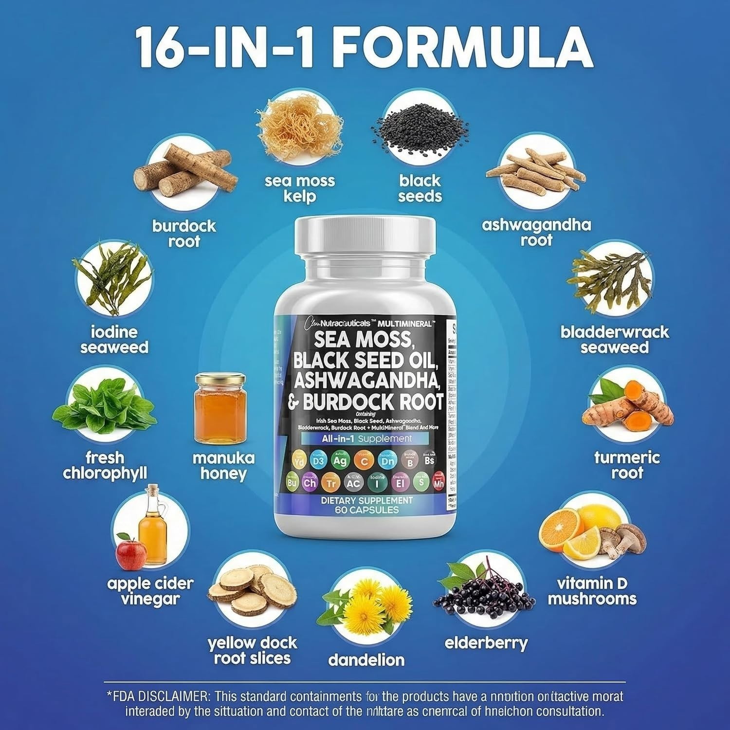 Clean Nutraceuticals Sea Moss Blend Black Seed Ashwagandha Vitamins 60 Caps