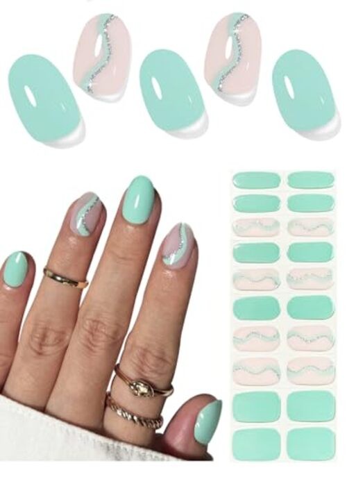 UV Gel Nail Stickers Strips 20pcs Semi Cured Gel Nail Strips, Wraps Mint Green