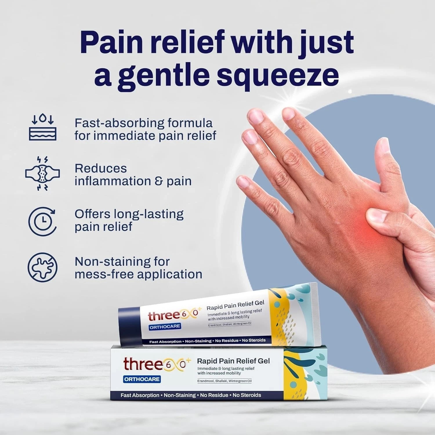 Three60+ Rapid Pain Relief Gel Fast Arthritis Relief Herbal Non-Stain 50g