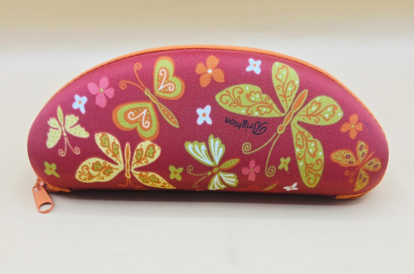 Brighton Butterfly Floral Hard Glasses Case Red Orange Zipper Felt Lining, EUC