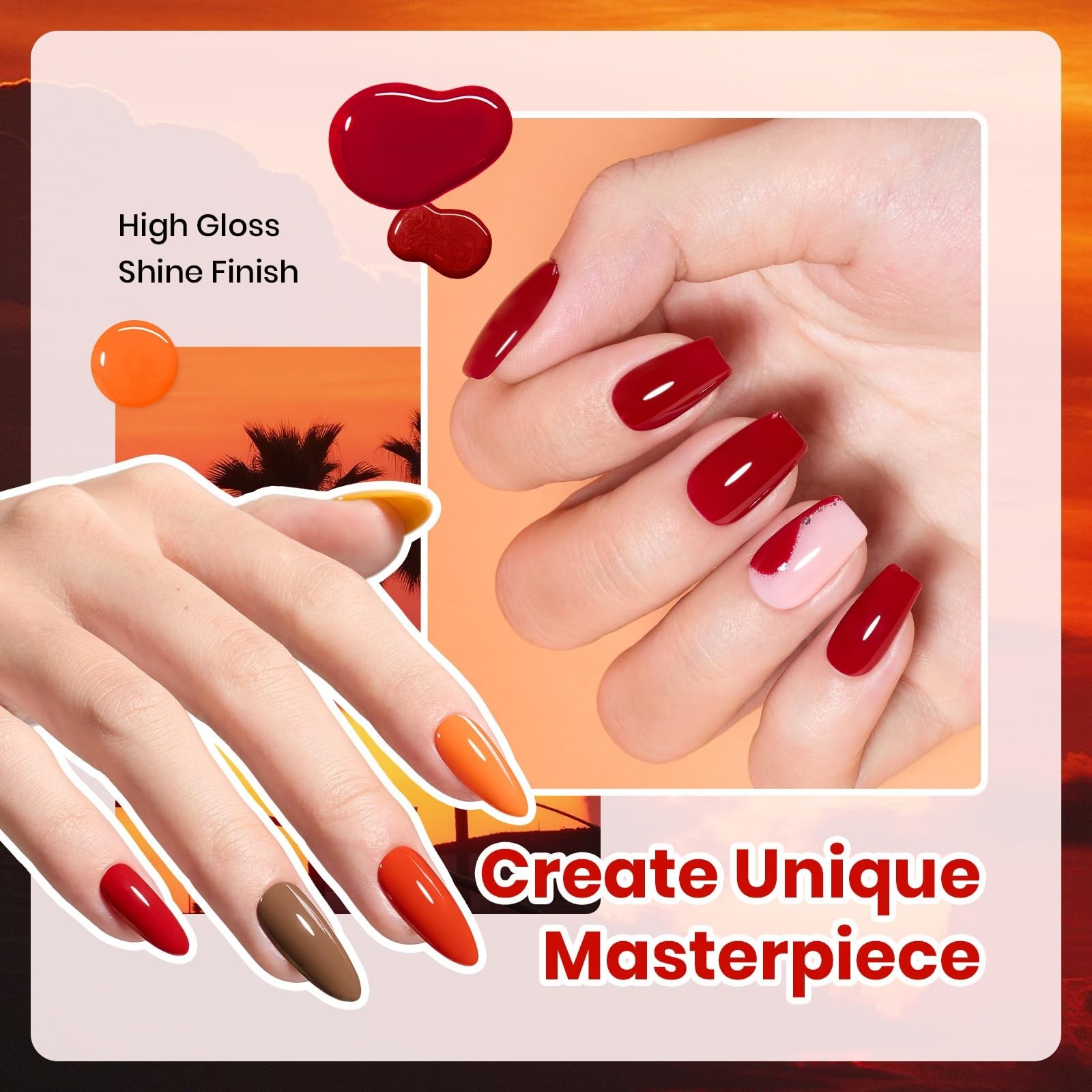 6 Colors Hema-Free Gel Polish Set – 15ML Burgundy Brown Red Yellow Orange, Soak