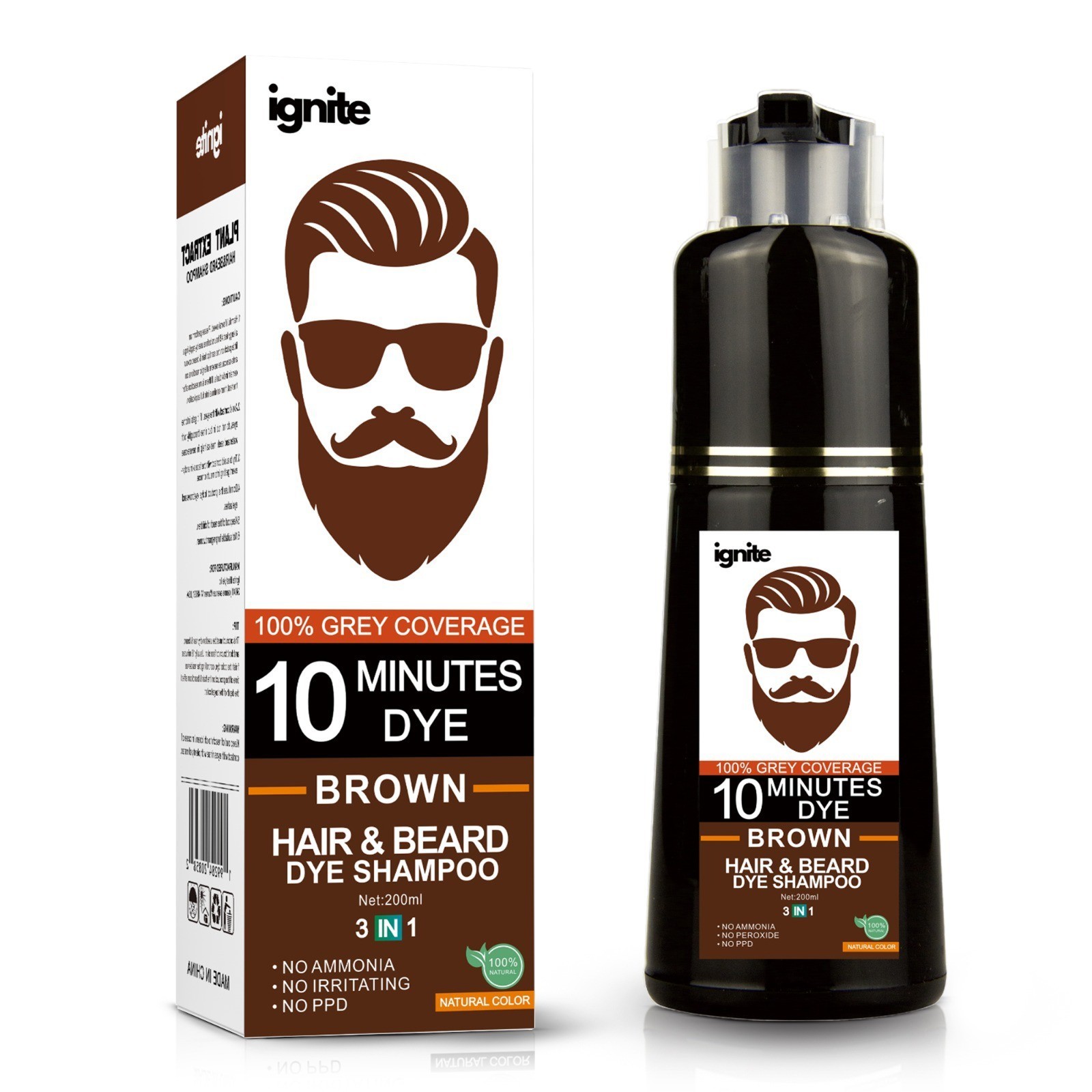 Men’s Hair & Beard Dye color Shampoo –100% Grey Hair Coverage – Brown Color Dye