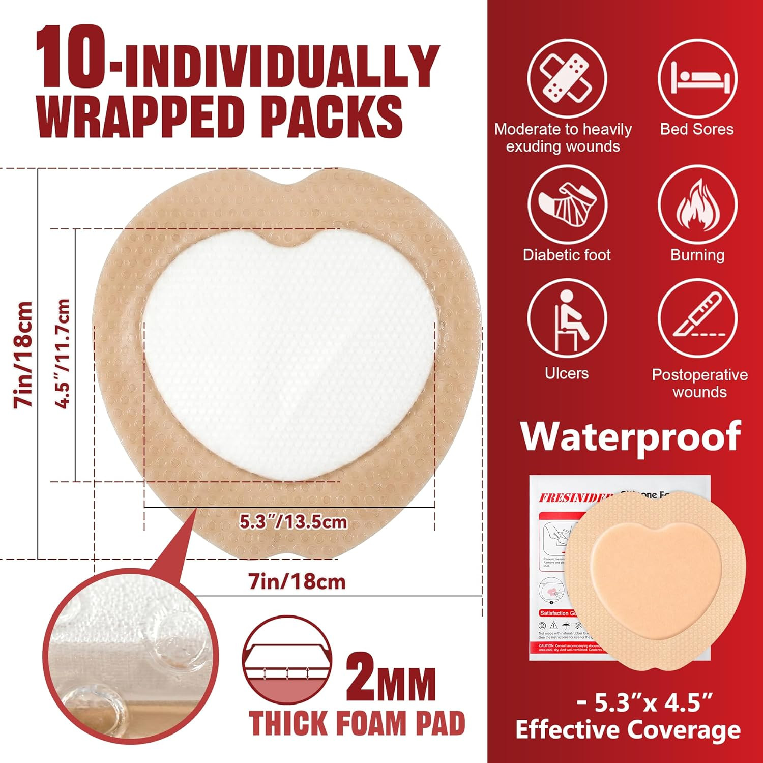 Sacral Silicone Foam Dressing 7″ X 7″, 10 Pack, Adhesive Border, Absorbent & Bre