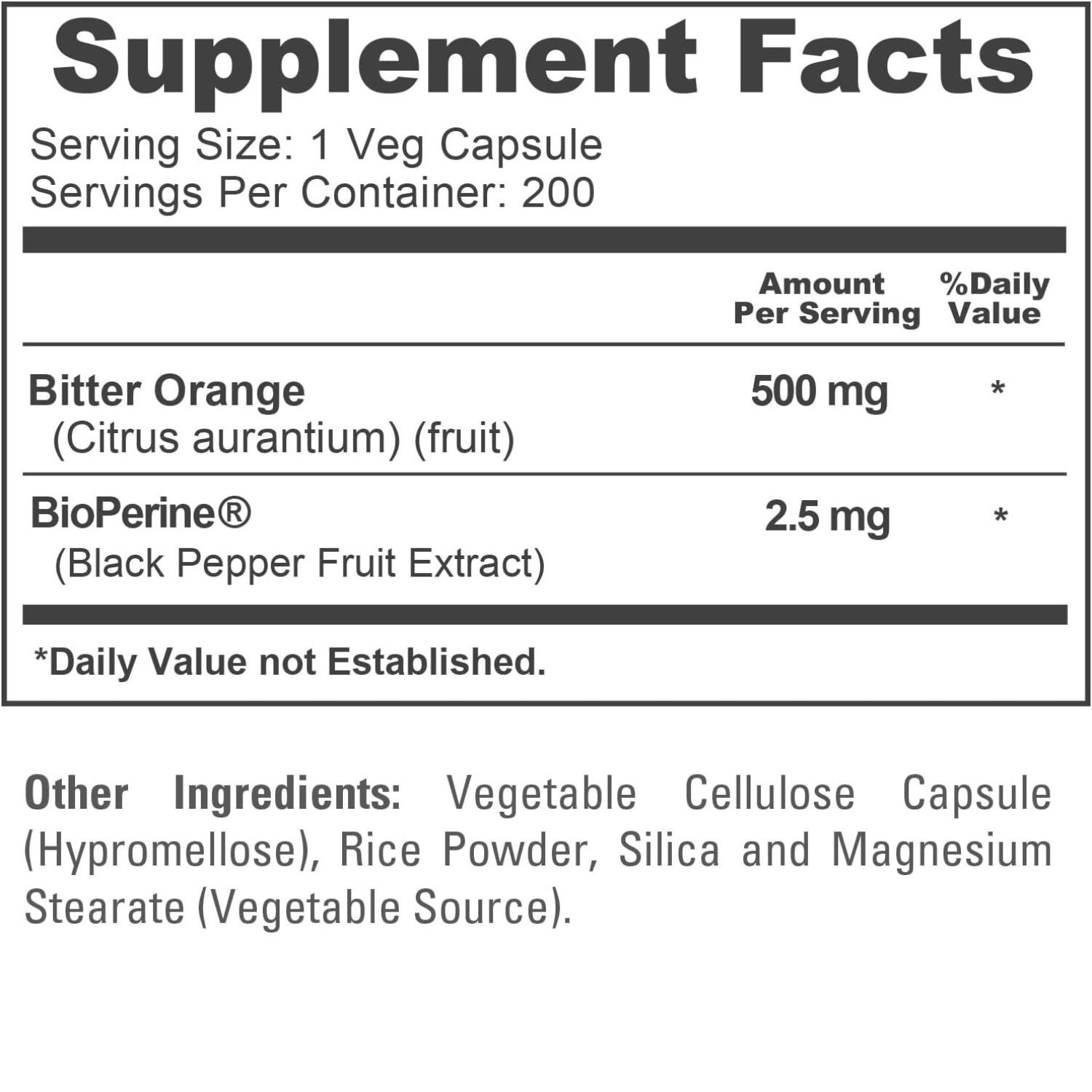 Suplemento de Naranja Amarga de Alta Absorción 500mg 200 Cápsulas 200 Porciones