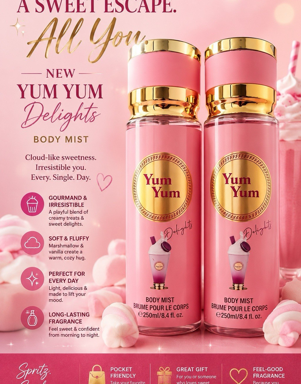 (2pk) Yum Yum Delights Body Mist for Women Marshmallow Vanilla 2×8.4 oz
