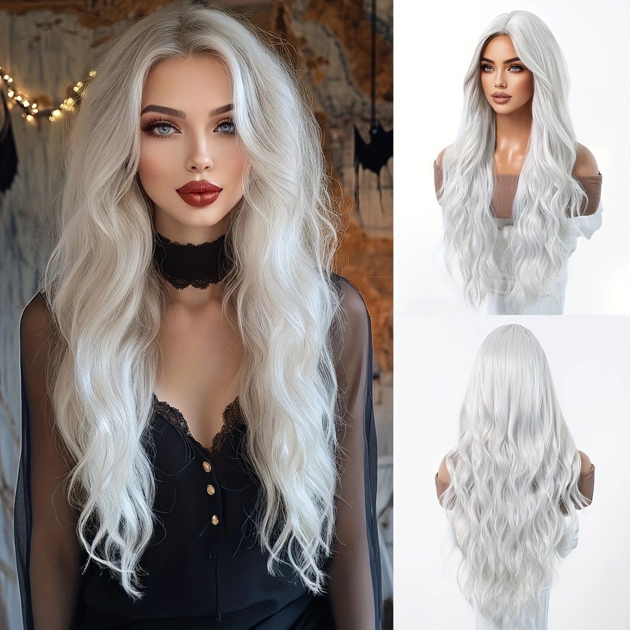 Women’s White Long Wavy Wig Middle Part Heat Resistant Synthetic Hair