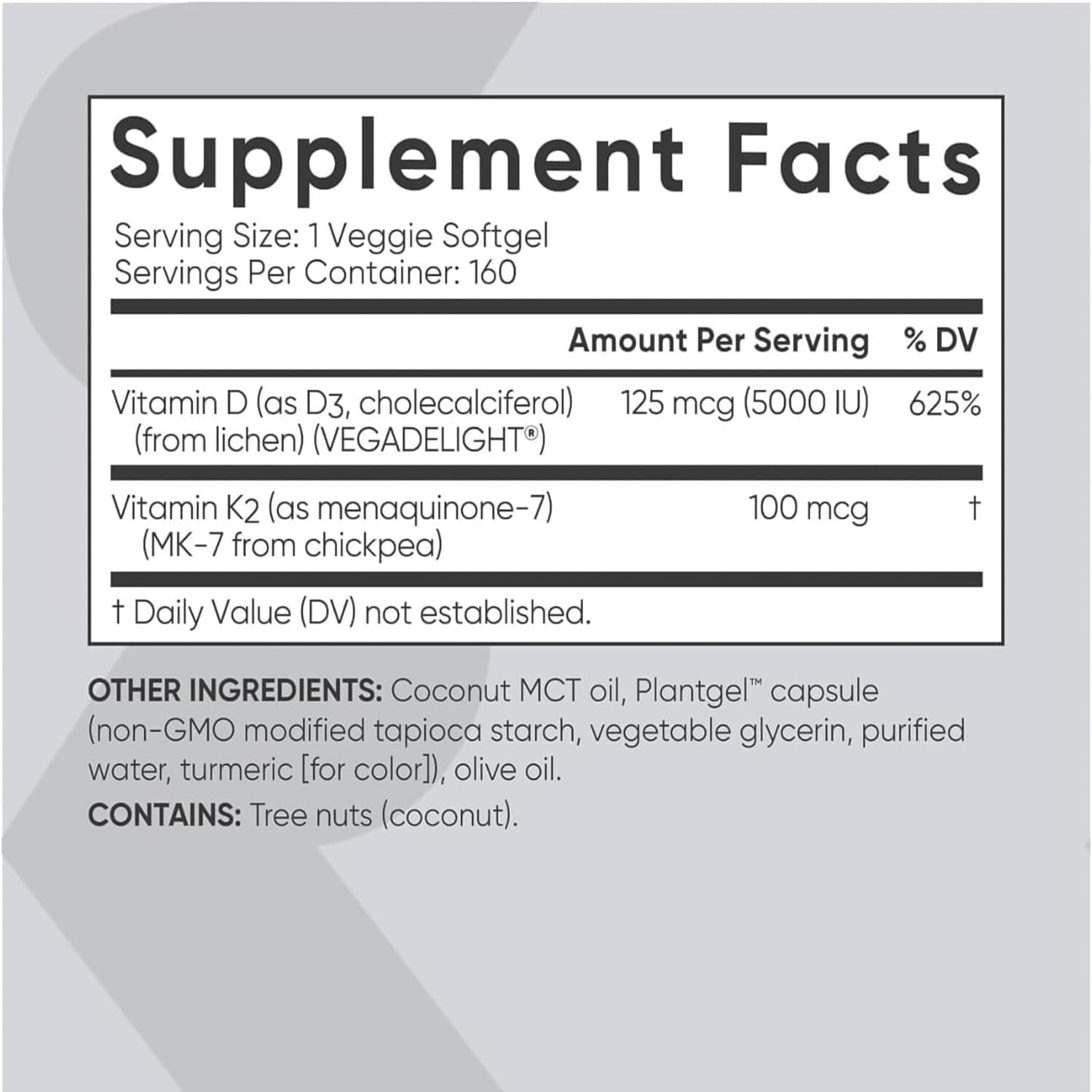 D3 K2 Plant-Based D3 Plus K2 (MK-7) 160 Veggie Softgels – 5000iu Vitamin D3