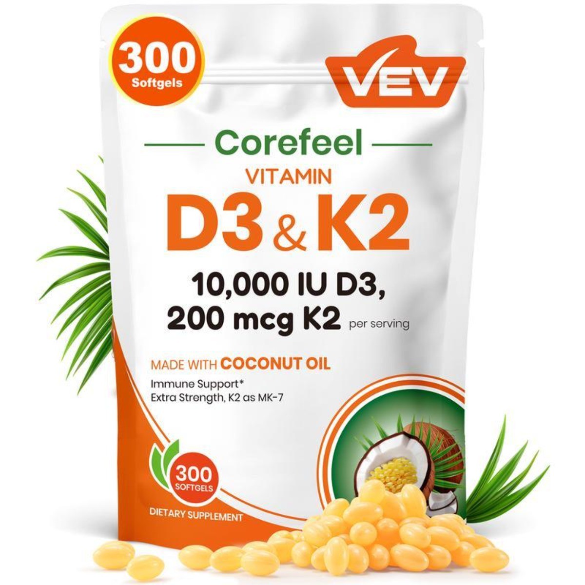 VEV D3 K2 10000IU Complex – 300 Softgels, Bone & Immune Support