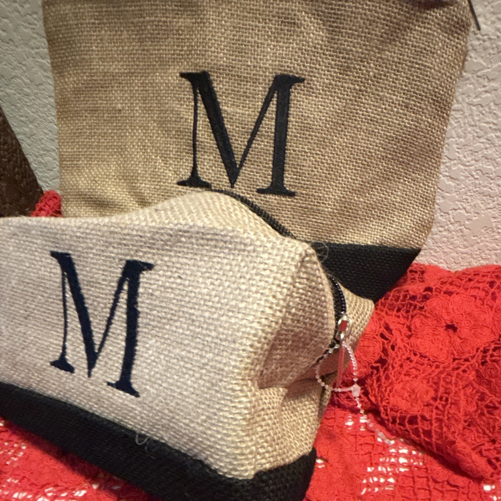 2pc Beige & Black Fabric Monogram “M” Zipper Makeup Bag Set