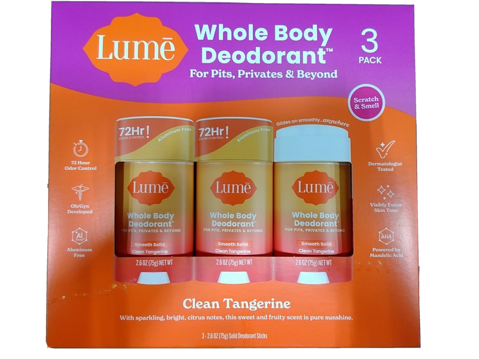 Lume Whole Body Deodorant Clean Tangerine 3 Pack x 2.6 Oz 72 Hour