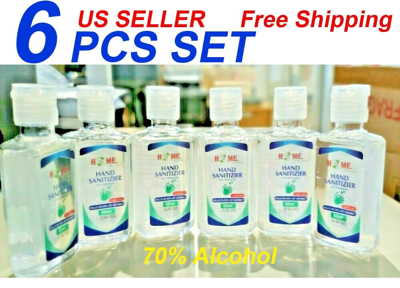 Hand Sanitizer With Aloe Vera gel (2.02 Oz), 6 Pcs Set, 70% Alcohol, Travel Size
