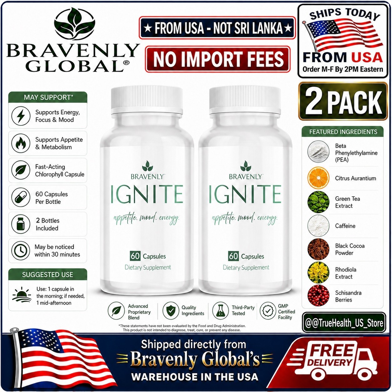 2x Bravenly Ignite Energy Focus Metabolism Support 60 Capsules Each🚚From USA🚚