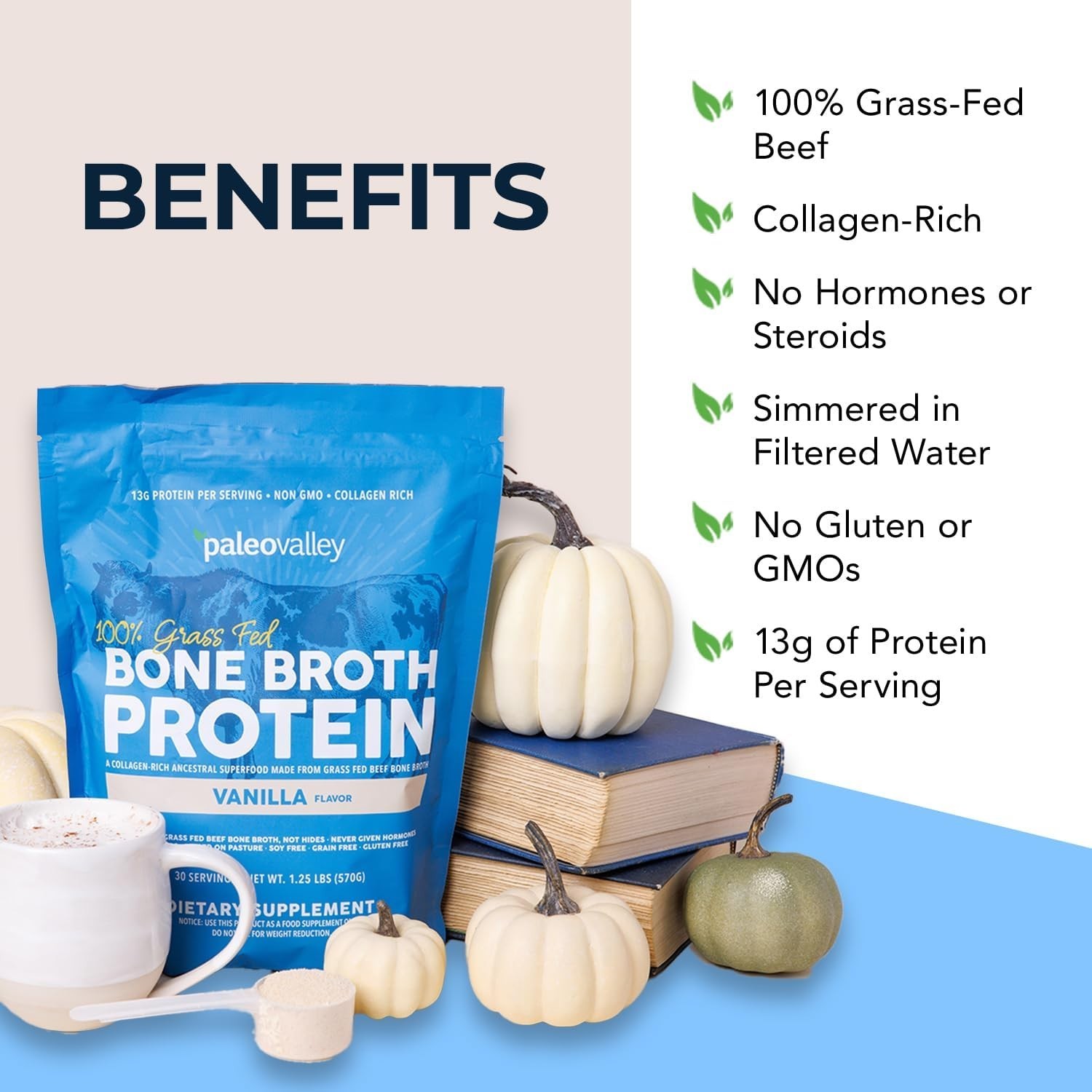 Paleovalley Bone Broth Protein Powder, 100% Grass-Fed, Vanilla, Collagen Rich An
