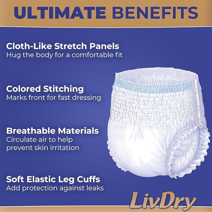 LivDry Ultimate Adult Unisex Protective Underwear, High Absorbency, Small, 18 Ct
