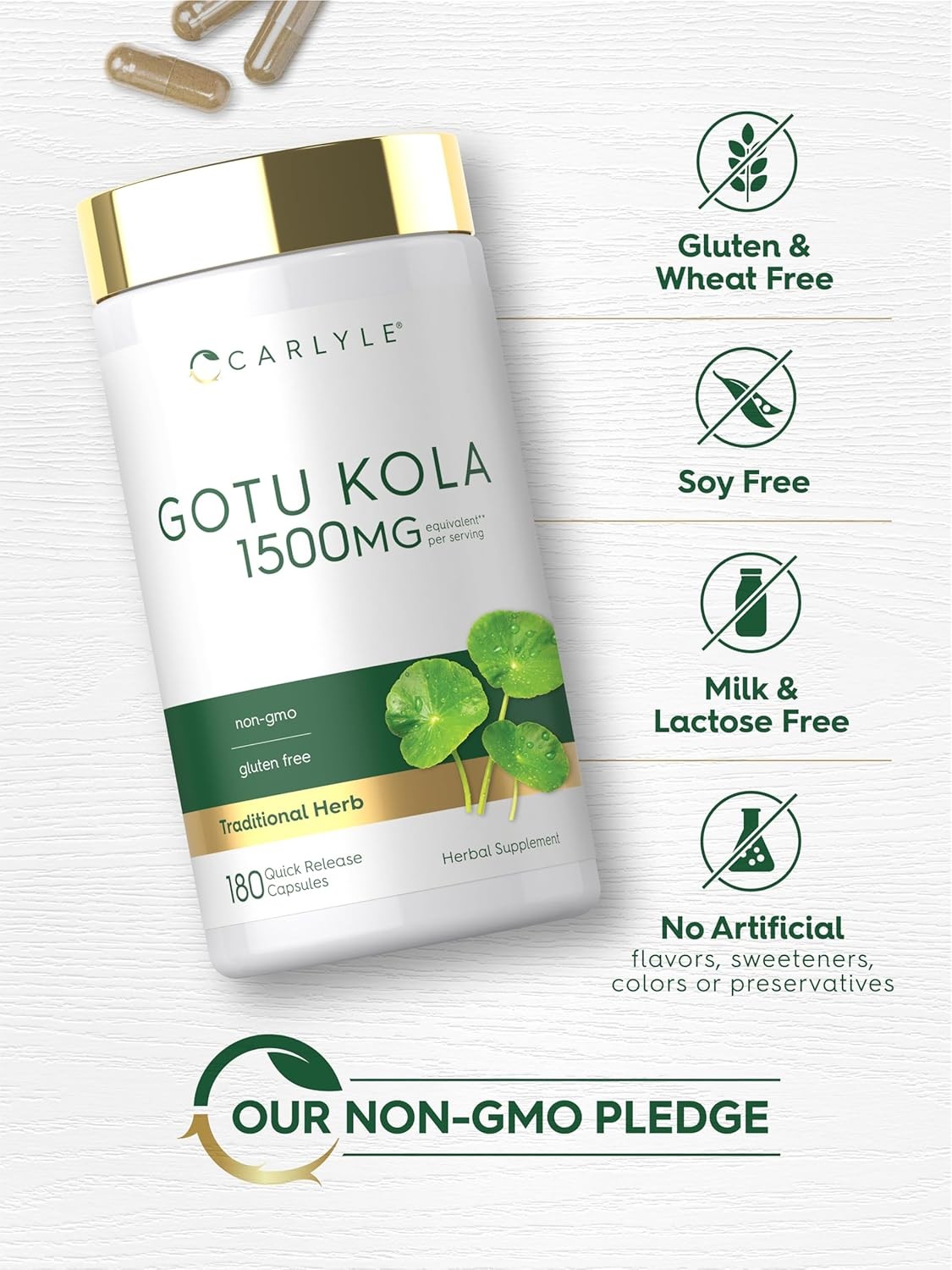 Gotu Kola Capsules 1500mg | 180 Count | Non-GMO, Gluten Free | by Carlyle