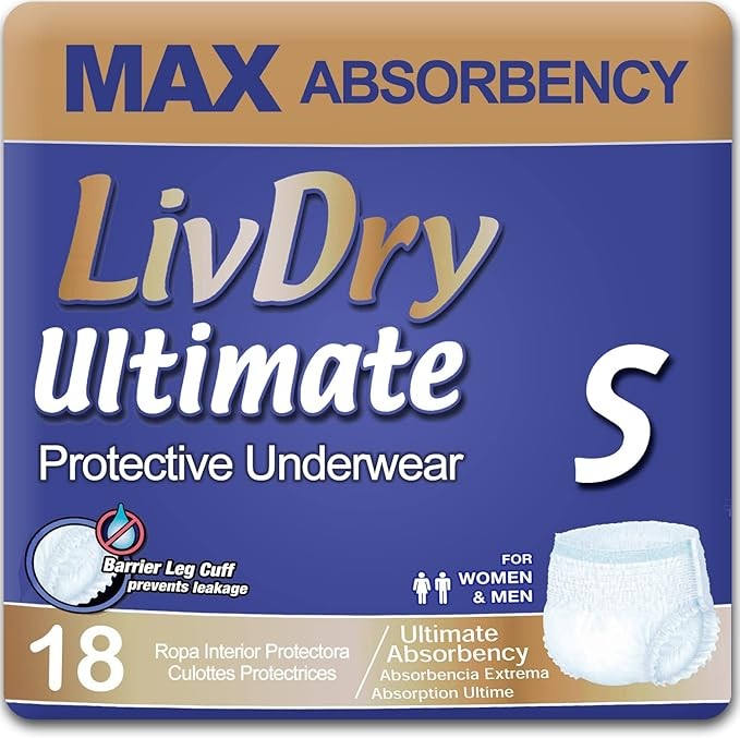 LivDry Ultimate Adult Unisex Protective Underwear, High Absorbency, Small, 18 Ct