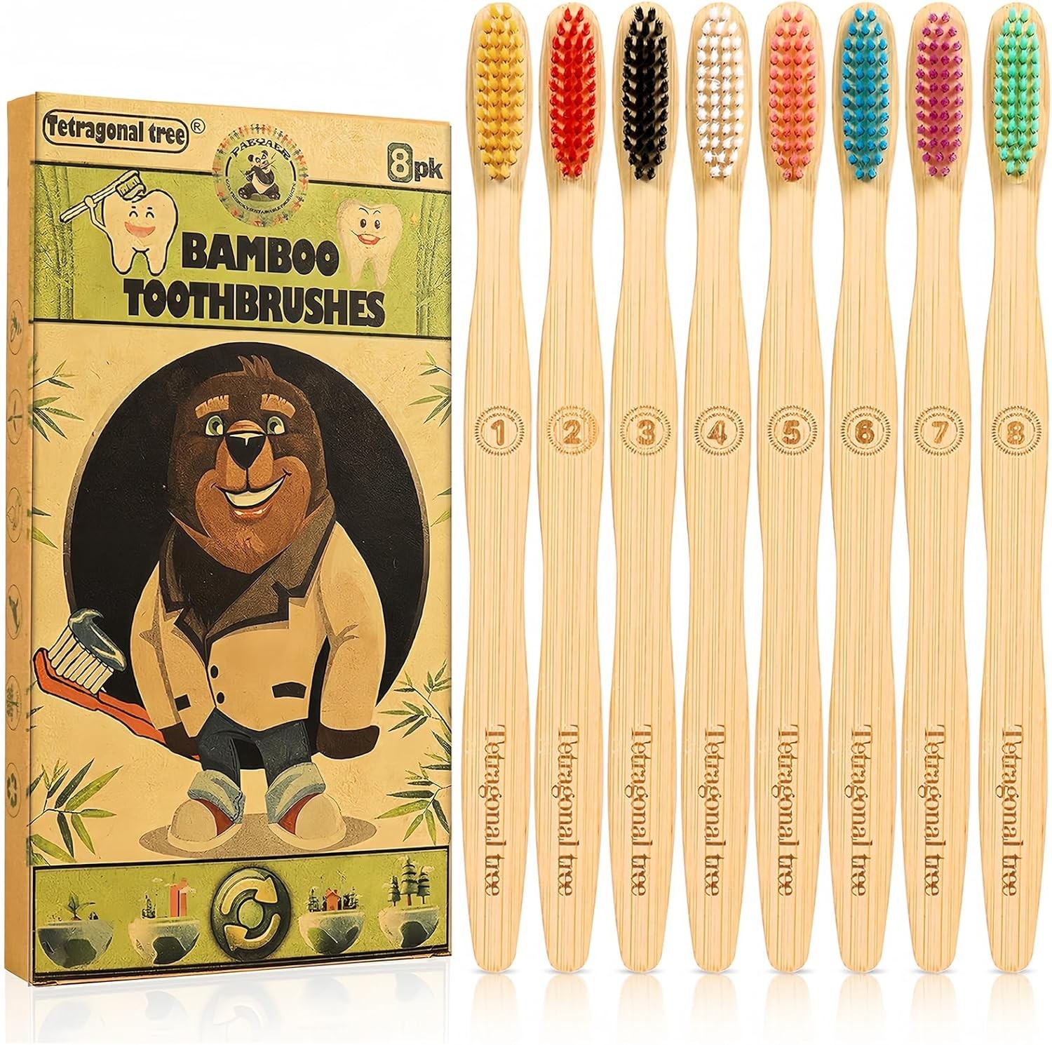 Bamboo Toothbrush Boar Bristles 100% Biodegradable and Natural 8 Pieces of One P